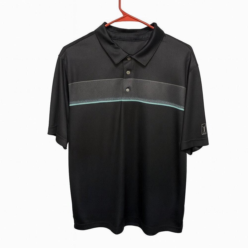PGA Tour Men’s Golf Polo Shirt – Black/Gray Stripe with Teal Accent – Size XL